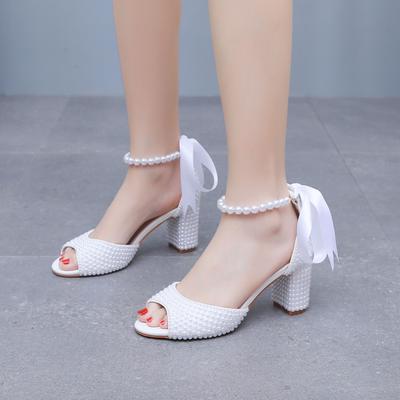 Reina de Cristal Encaje Blanco Perla PU Zapatos de Verano para Mujer Correa Cuadrada Fiesta Vestido Sandalias Novia Noche Formal Tacones Altos