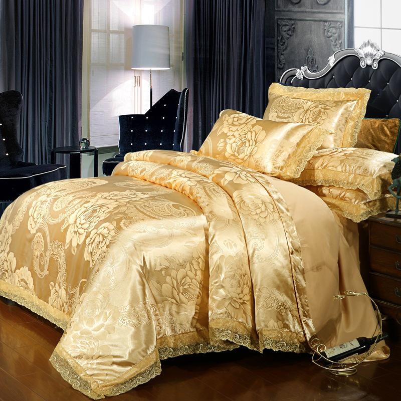 European Satin Jacquard Bedding Set - Lace-Trimmed, 4-Piece Set