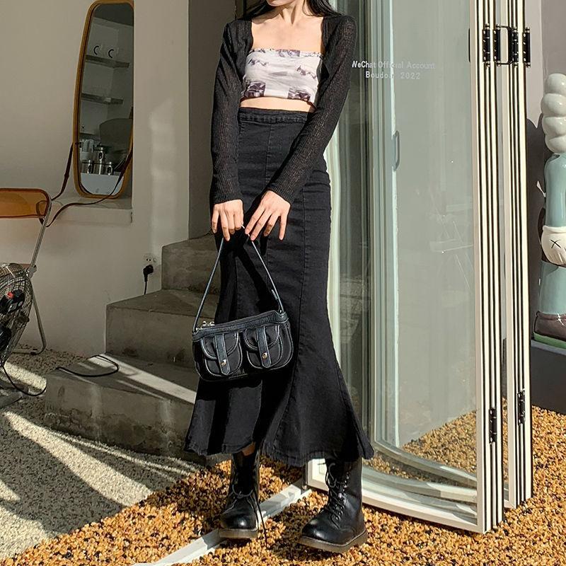 Before and After Two Wear A-line Fishtail Skirt Bustier Skirt Female High Waist Slim Elastic Open Fork Medium-length Package Hip Skirt Denim Skirt