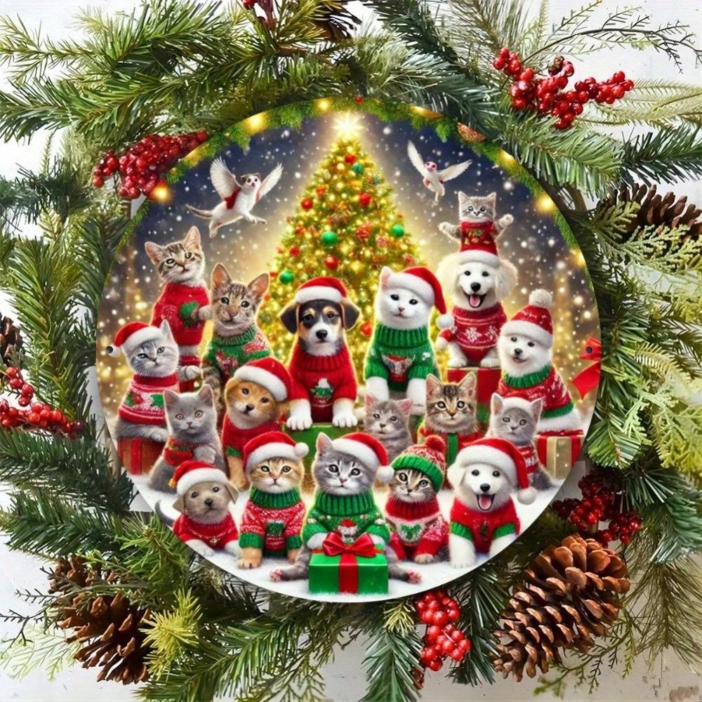 Vintage Round Cat Dog Christmas Wreath Iron Wall Sign 8x8 Inch Home Decor Gift