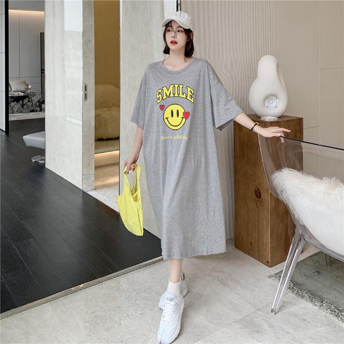 Korean version of summer loose loungewear lazy style round neck letter printing long cotton T-shirt maternity dress women