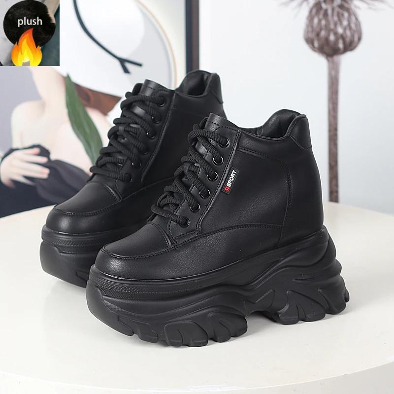 Fashion Autumn winter Women High Top Leather Shoes Platform Wedge Sneakers Chunky Shoes Hidden Heel 12CM White Black Women Casual Shoes
