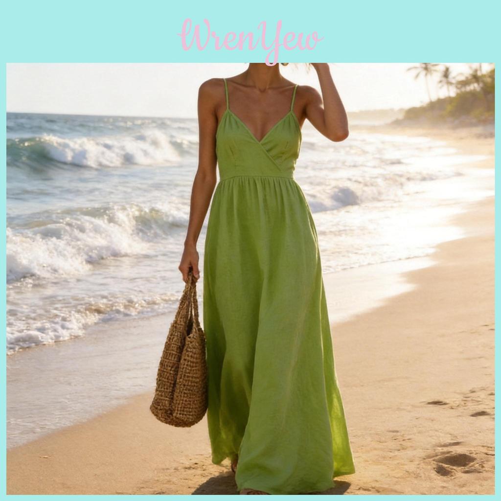 Polyester V Neck Sleeveless Dress With Pockets For Summer Casual And Beach Wear