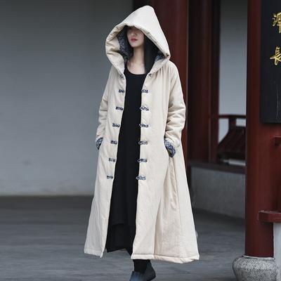 Women Cotton Linen Long Coats Winter A-Line Vintage Button Pockets Female Parkas