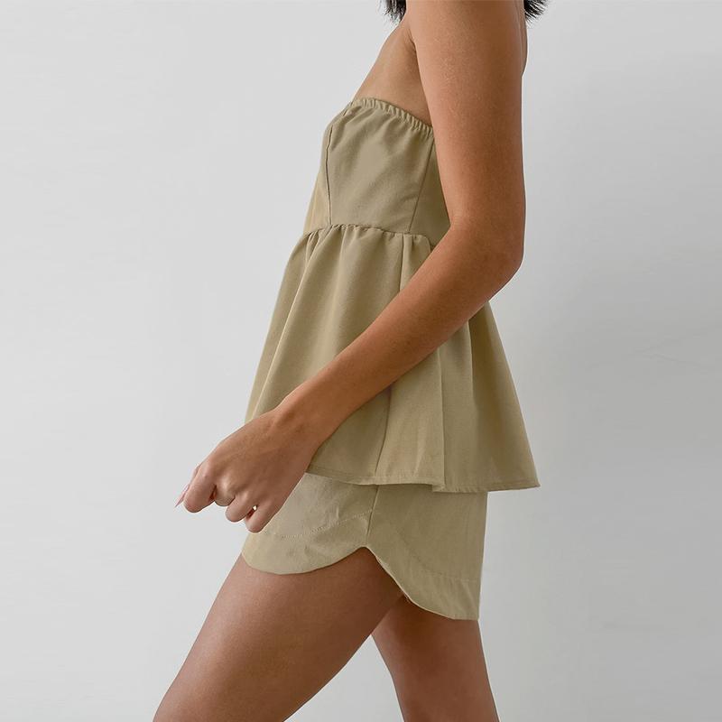 Summer Y2K Shorts Set Sexy Khaki Strapless Top High Waisted Wide Leg Shorts Set for Women's Summer Elegant Casual 2 Piece Sets