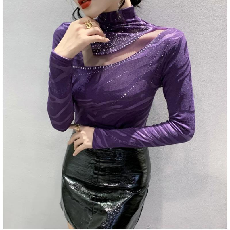 Spring Autumn Classic Women Turtleneck Long Sleeved T-Shirt Fashion Sexy Hot Diamonds Tees Elastic Slim Girl Tops Blouse