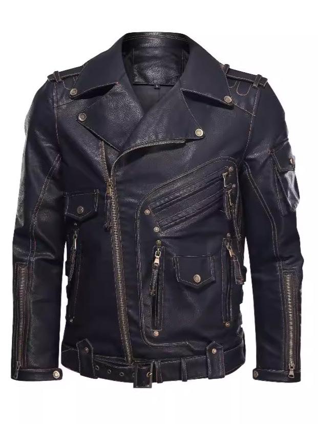 Men's Windproof PU Leather Jacket with Multiple Zippers - European & American Style Outerwear