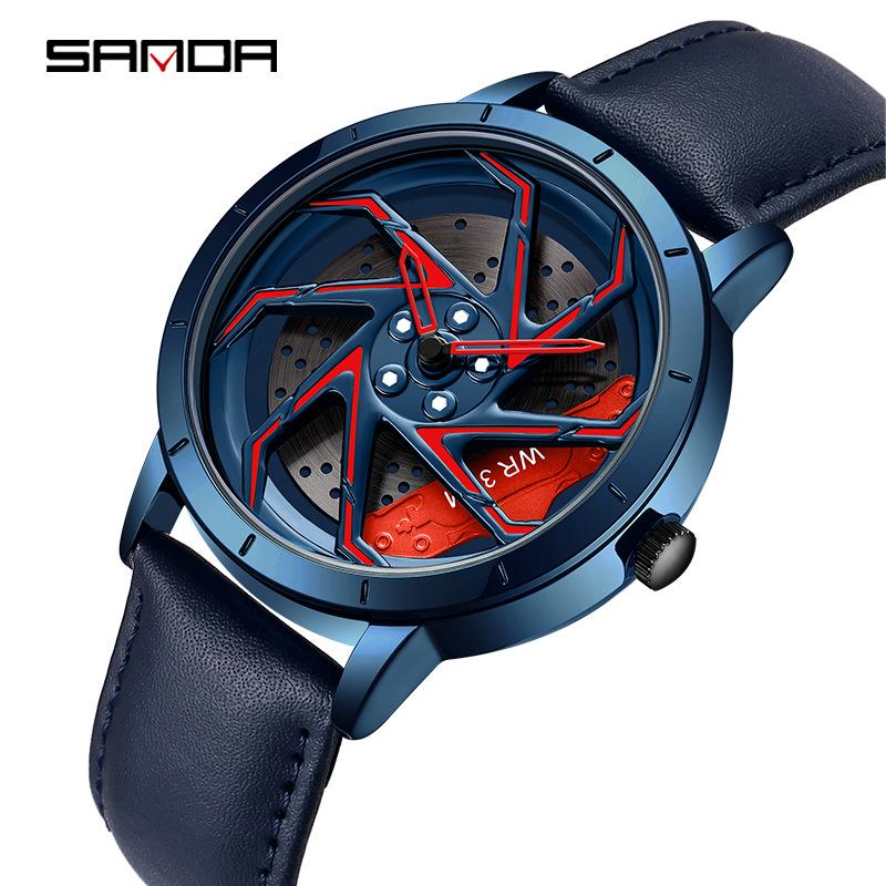 Sanda Men's Creative Wheel Quartz Watch - Trendy Rotating Waterproof Wristwatch