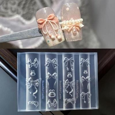 3D Transparent Silicone Nail Mold Cute Rabbit & Bow Relief Design Nail Art Decoration DIY Manicure Tool