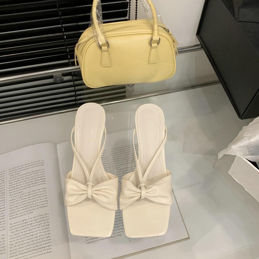 Slippers French Style Bow High HeelOne-StrapWomen'sSummer Outdoor Wear Square Toe Wedge HeelSandals