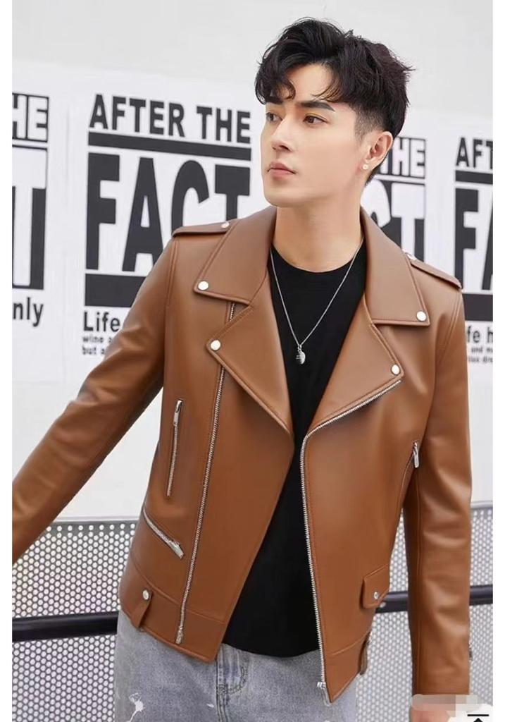 High-end locomotive ruffian handsome PU leather jacket men's autumn new trendy brand flow loose lapel casual jacket