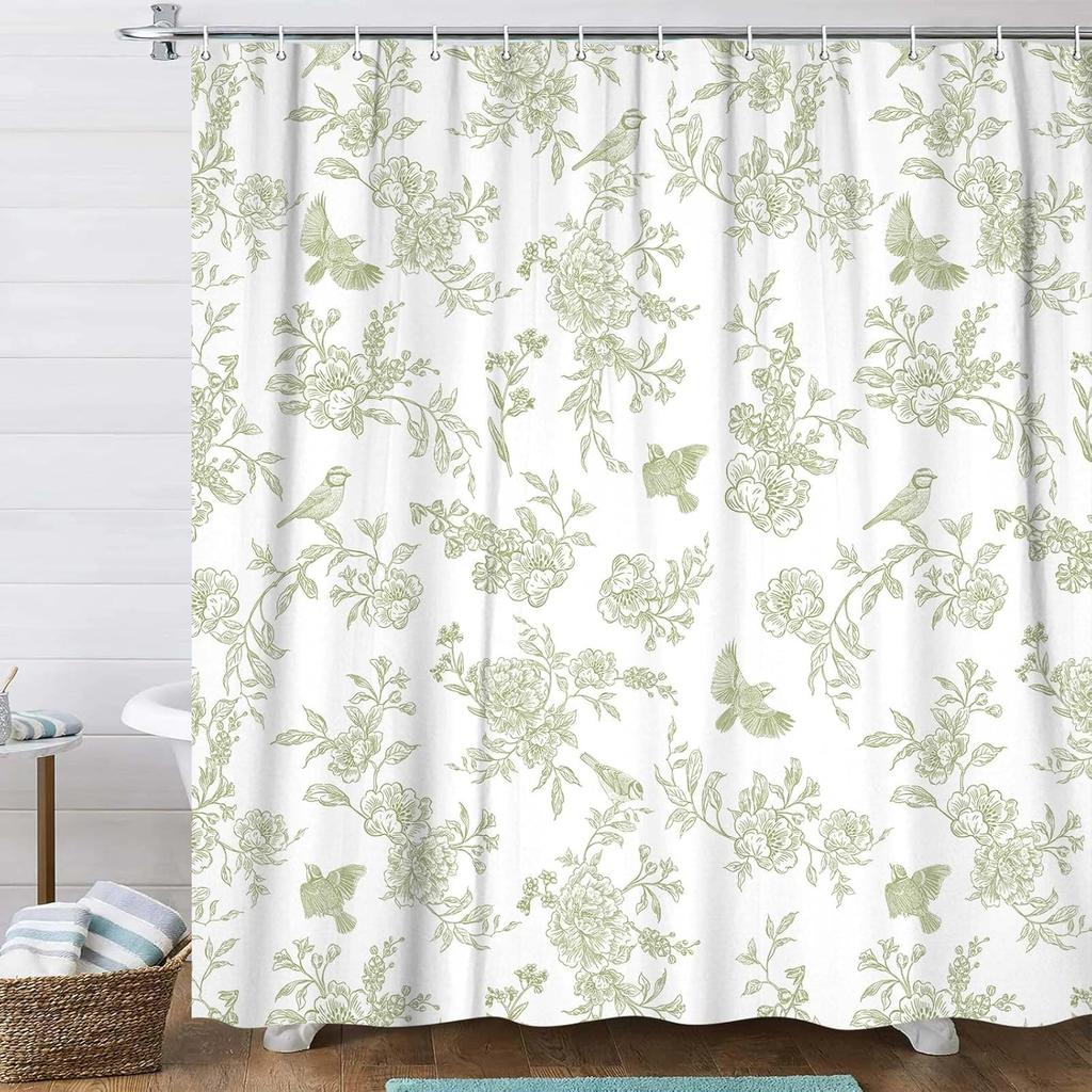 Blaues florales Duschvorhang-Set, Vintage Retro Cottagecore Floral Botanisch Vögel Blüte Blume Boho Ästhetik Stoffdusche