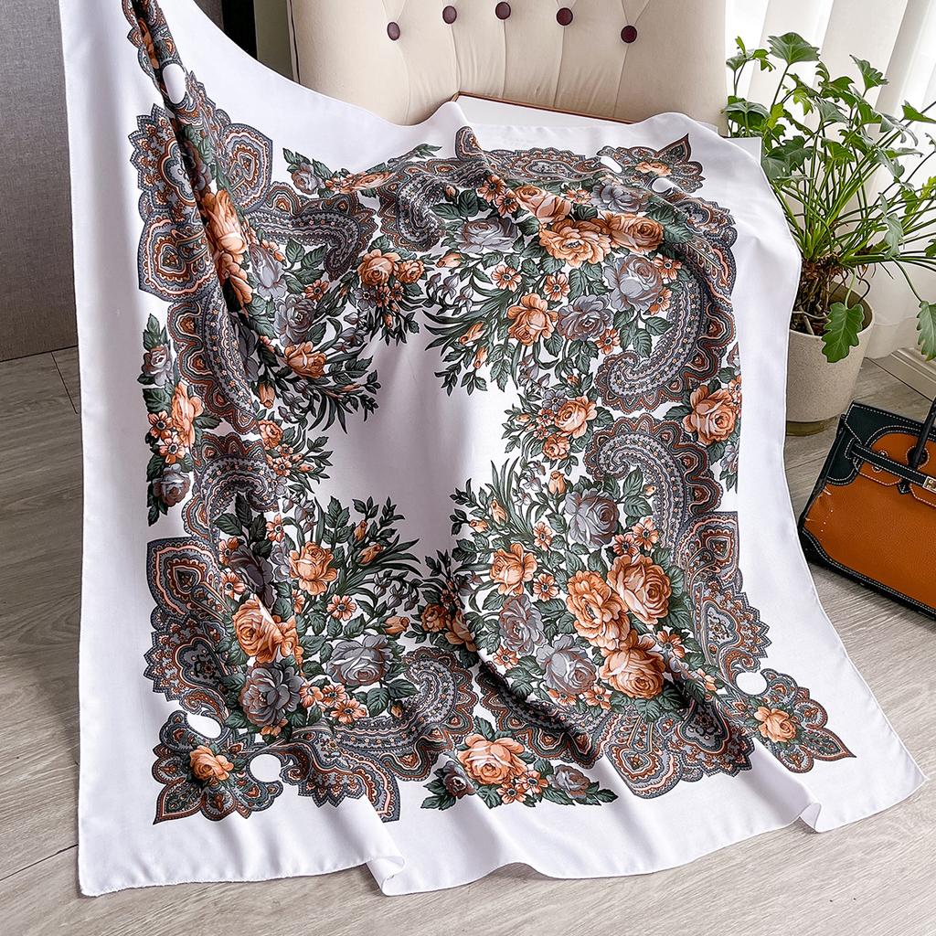 Women Russian Floral Scarf Ethnic Style Square Bandana Head Scarves Ladies Handkerchief Headband Silk Scarf Hair Wraps
