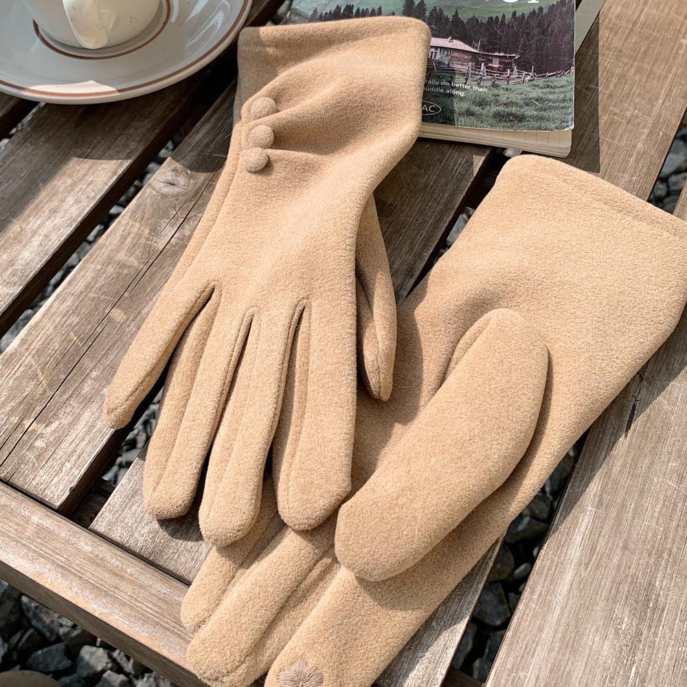 Solid Color Button Design Winter Gloves - Velvet Lined, Fashionable, Warm, Long Finger Cycling Gloves for Cold Protection