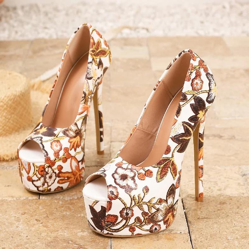 

Pesstwei New Design Printing Peep Toe Woman Pumps Sexy Elegant Fetish Stiletto High Heels Nightclub Party Shoes 35 белый
