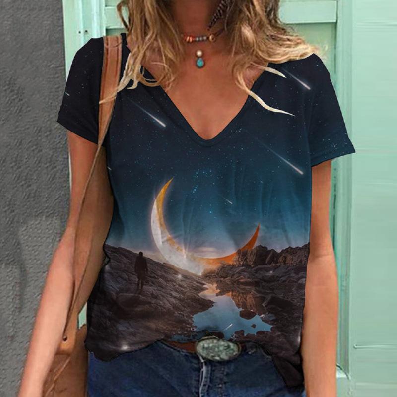 Летняя модная футболка женская контрастная строчка лунный свет цифровой 3D принт топы — фото 8