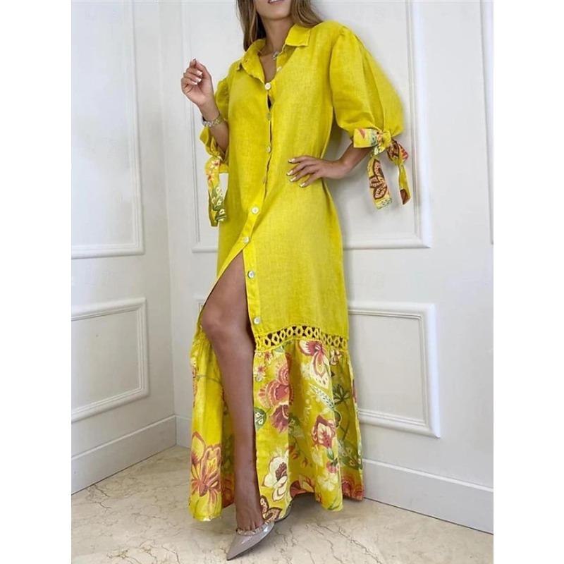 Damska sukienka koszulowa z długim rękawem i sznurowaniem w stylu patchworkowym i z długim rękawem