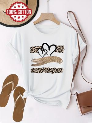 Women'S Casual T-Shirt with Leopard Print  Heart Graphic Short Sleeve Crew Neck Top for All Seasons Urban Style Printed T-Shirt