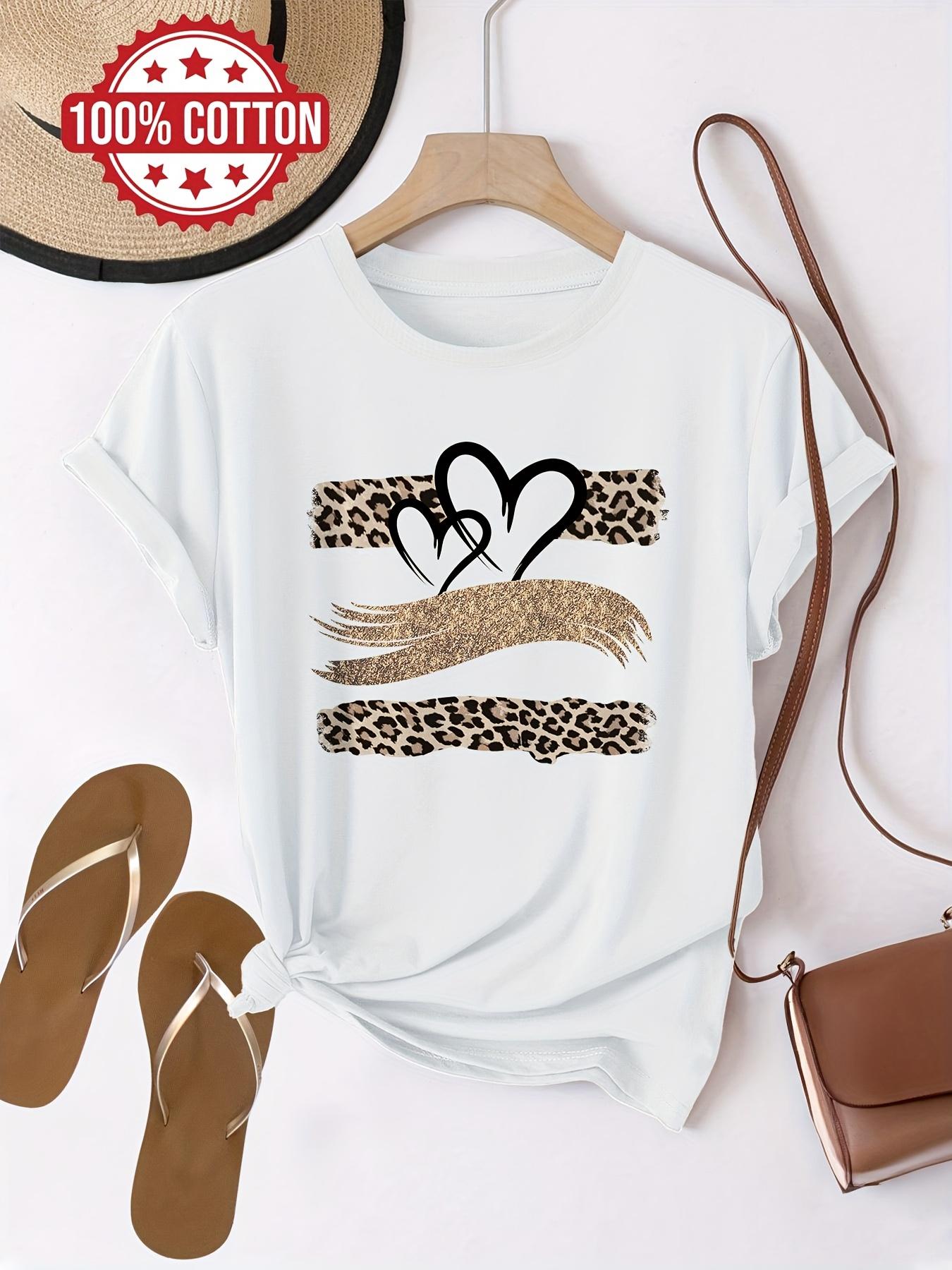 

Women S Casual T-Shirt with Leopard Print Heart Graphic Short Sleeve Crew Neck Top for All Seasons Urban Style Printed T-Shirt S
