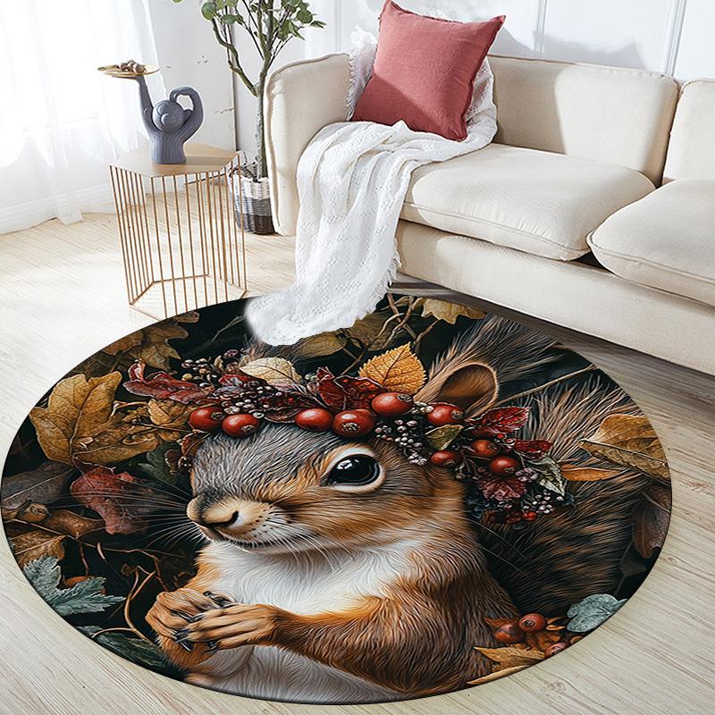 Herbst-Eichhörnchen Runder Teppich, Teppich für Wohnzimmer Schlafzimmer Sofa Spielzimmer Dekor, Rutschfeste Fußmatte