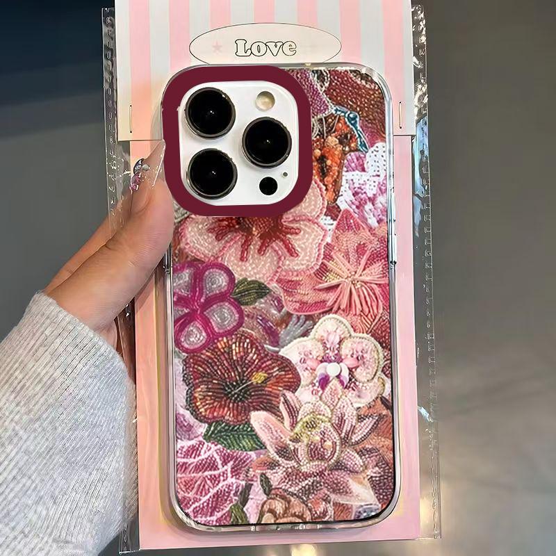 Floral Dream Beaded Embroidery Print Phone Case for iPhone 17 16 15 14 13 12 11 Pro Max XS X 7 8 Plus SE 2022 16E Soft TPU Cover