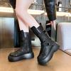 Women Platform Locomotive Boots 2024 Side Zip British Mid-calf Boots Retro Belt Buckle Leather Botas Versatile Lady Footwear