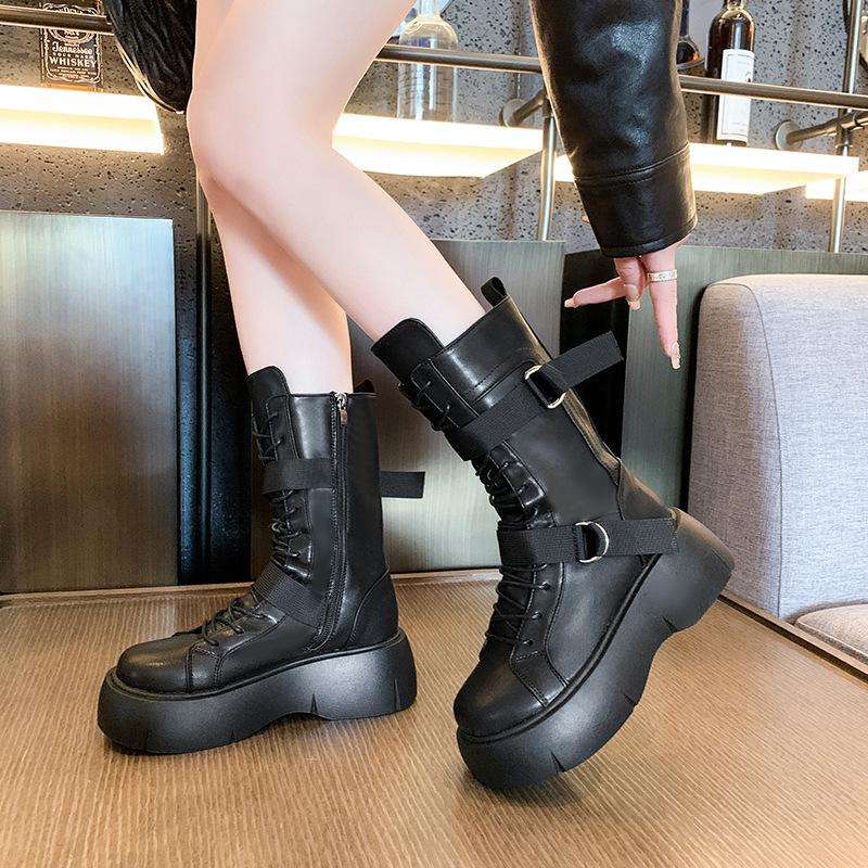Women Platform Locomotive Boots 2024 Side Zip British Mid-calf Boots Retro Belt Buckle Leather Botas Versatile Lady Footwear