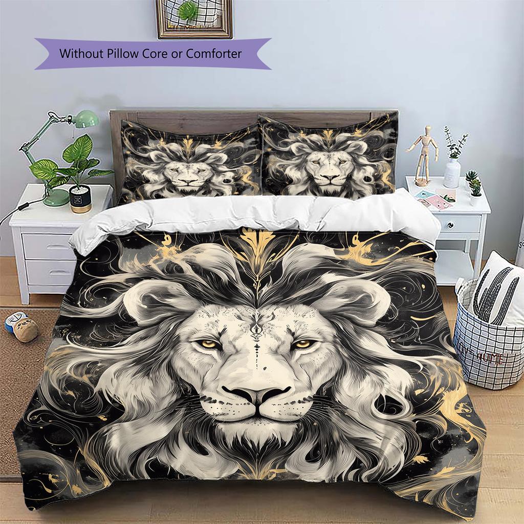 Black and White Lion Pattern Bedding Quilt Set  Home Decoration  Gift (1 * duvet cover + 2 * pillowcase  without core)