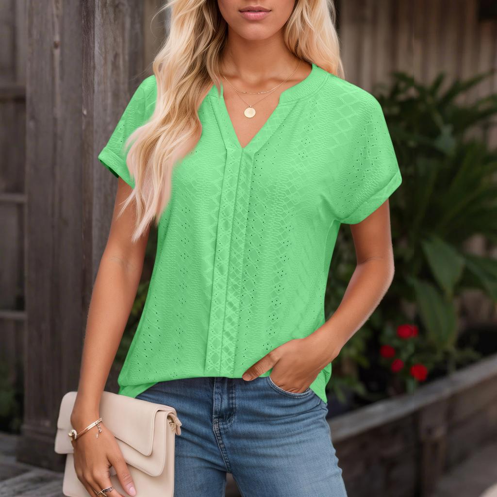 Womens Tops Short Sleeve V T-Shirt Blouse Dressy Causal Eyelet Embroidery Summer Fashion Clothes