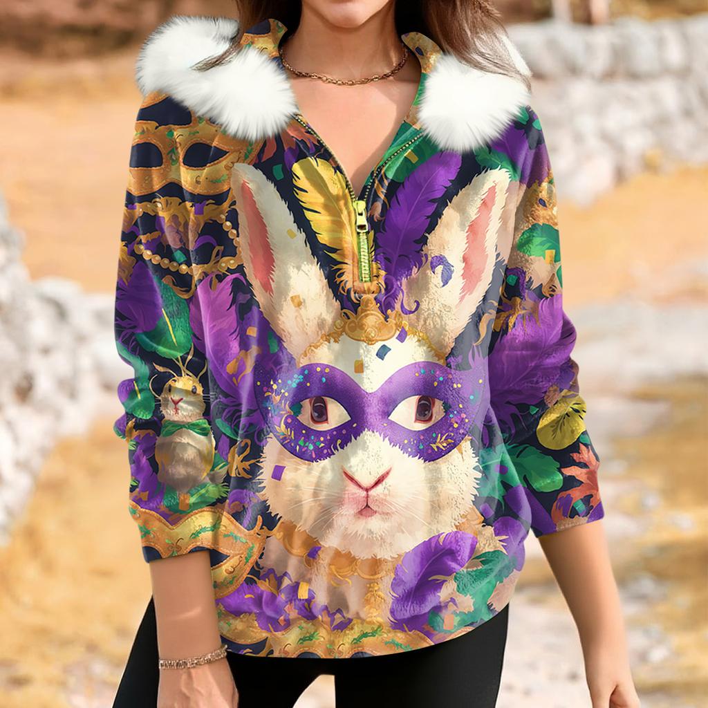 Women's Loose And Comfortable Casual Fashion Half-Zip Hooded Long Sleeve Carnival Print Top