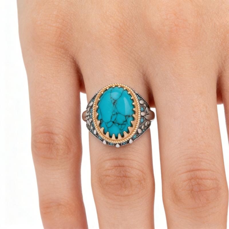 European and American Punk New Retro Men's Electroplating Two-color Inlaid Turquoise Ring Punk Style Personality Banquet Ring