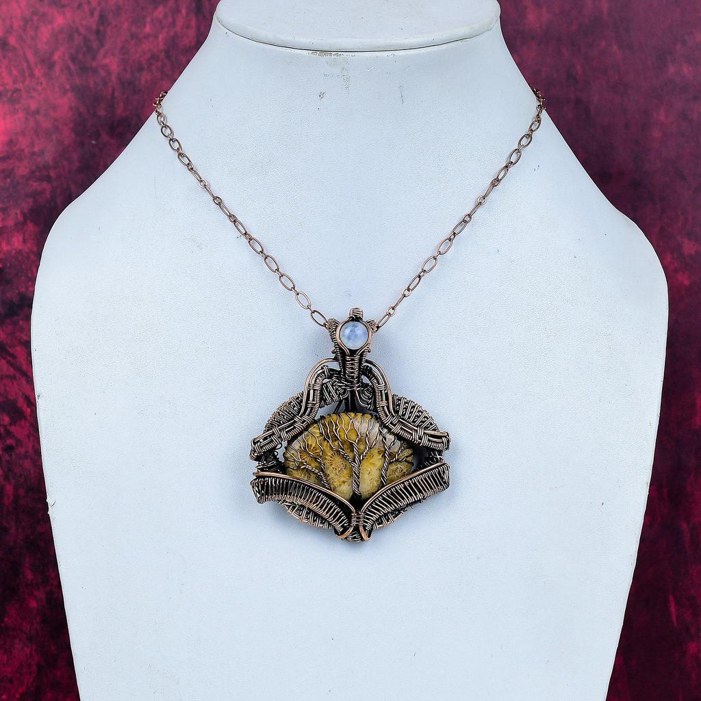 Lebensbaum Fossil Koralle Anhänger Kupferdraht umwickelt Regenbogen Mondstein Schmuck