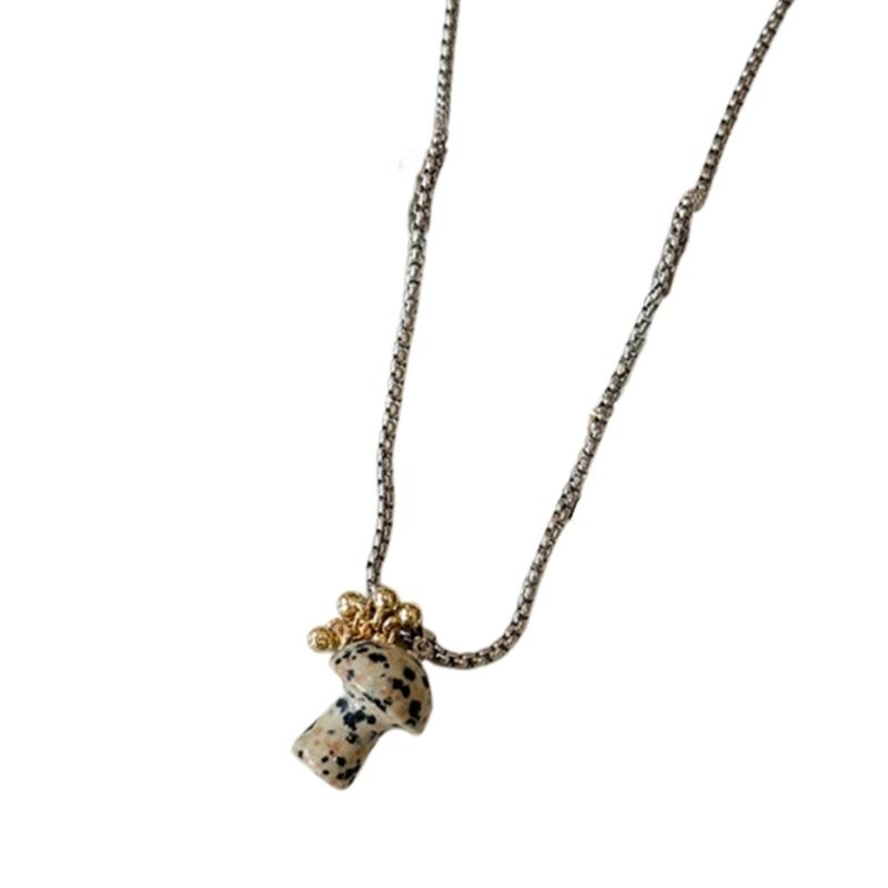 

Mushroom Clavicle Chain Steel Natural Stone Hand Carved Pendant for Nature and Art Lovers and Gift Giving
