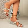 Transparent crystal high heels summer new pearl sandals thick heel square head wear one word large size slippers women