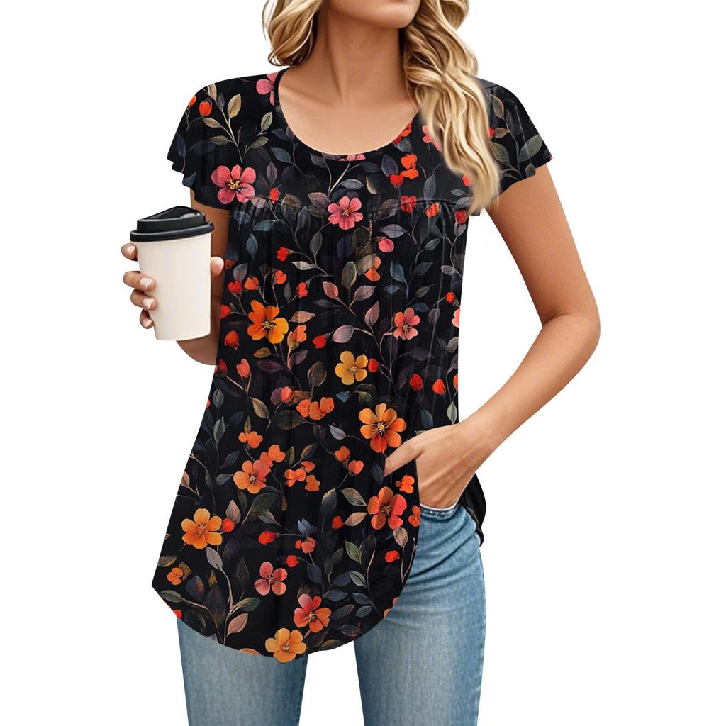 Women's Round Neck Short Sleeve Mid Length T-Shirt Loose Casual Short Sleeve T-Shirt Top