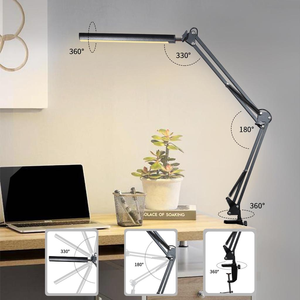 LED Desk Lamp with Clamp Eye-Caring Desk Light with Clamp Swing Arm Lamp 3 Color 10 Dimmable Brightness for Home Office Reading