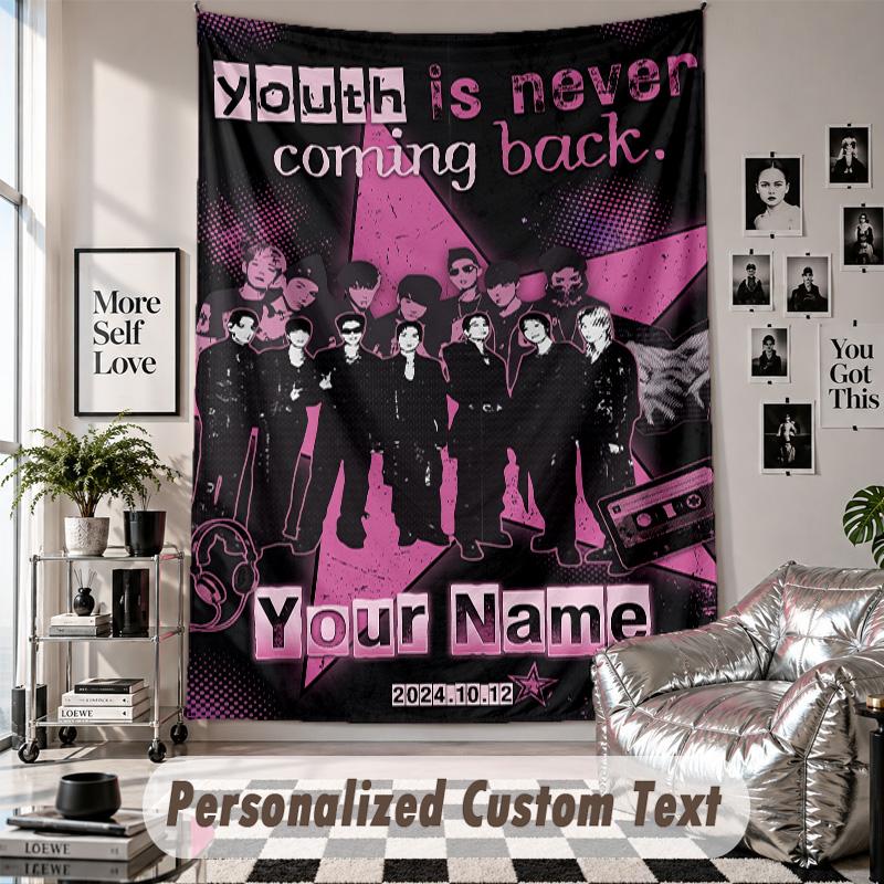 Wall Hanging Tapestry With Custom Name & Text, BTS Decorative Tapestry For Bedroom
