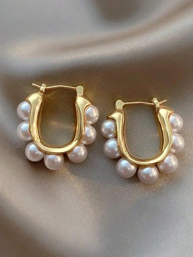 1 Pair Vintage French Faux Pearl Decor U-Shape Hoop Earrings, Minimalist Fashion Suitable For Women's Daily Wear