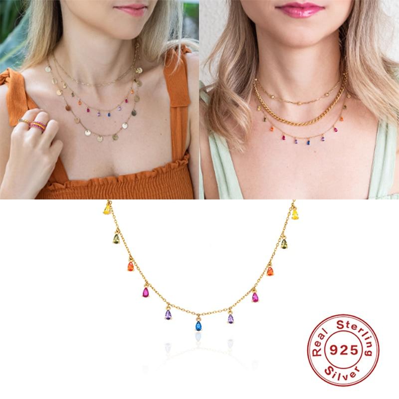 Sterling Necklaces Color Diamond Rainbow Pendant Pendant Necklace Female Choker Necklaces For Women Fine Jewelry Collar PlataTrendy Necklaces