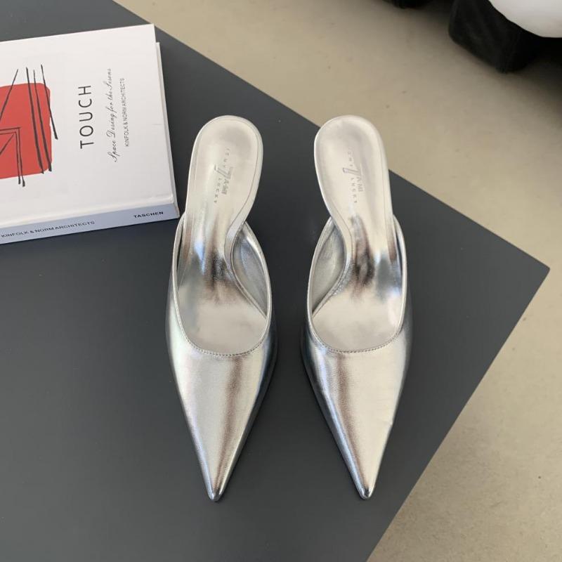 Baotou half slippers women's new pointed temperament silver gold black high-heeled cool slippers