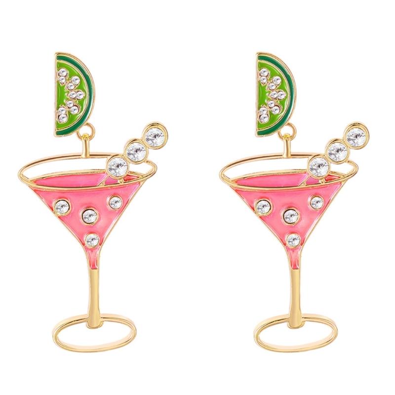 Stylish Wine Glass Earrings Featuring Lemon Charm And Crystals For Women Girls