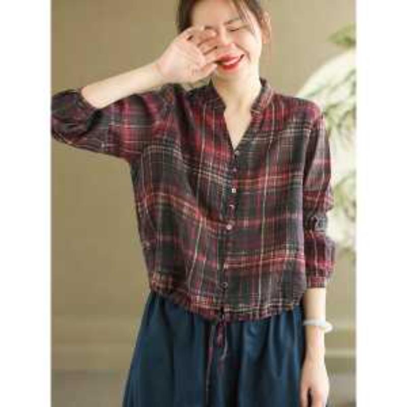 

New Artistic Retro Casual Cotton Linen Women s V-neck Drawstring Plaid Short Nine-quarter Sleeve Shirt Top L червоний