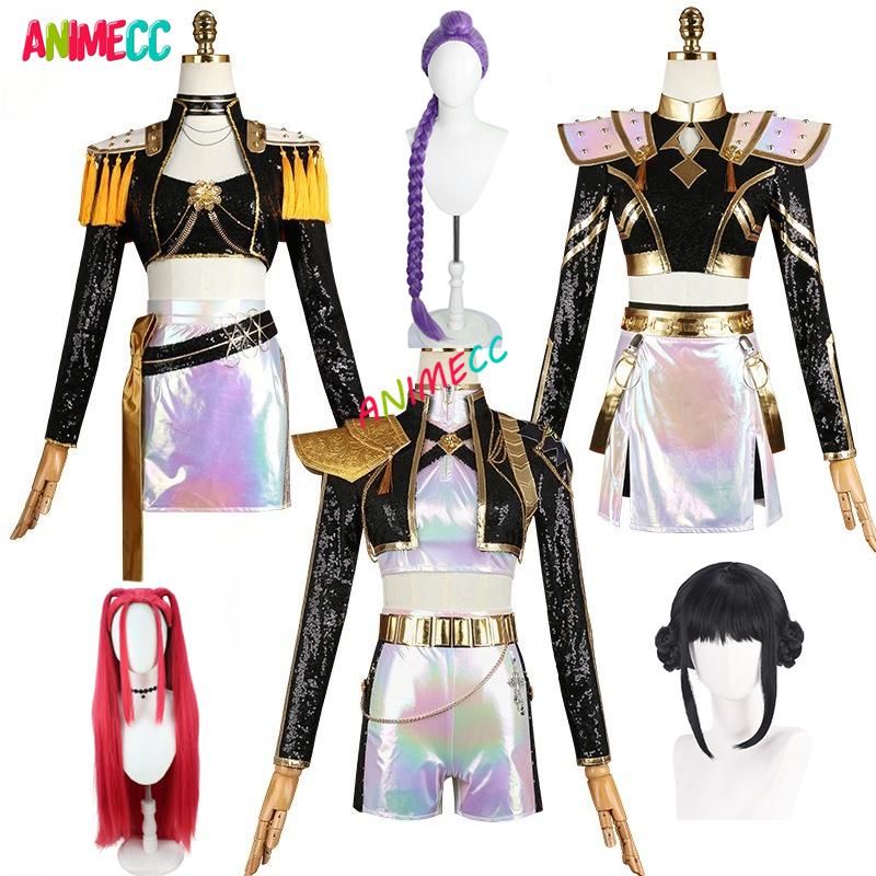 ANIMECC SKLADEM Huntrix Rumi Mira Zoey Cosplay Dětský Dospělý Kostým Paruka K-pop Lovci Démonů Černá Zlatá Halloween pro Ženy