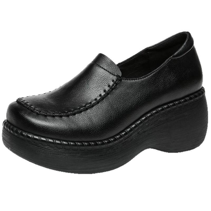 Soft leather loafers women's 2025 new soft-soled non-slip middle-aged mother single shoes retro British style thick-soled wedges