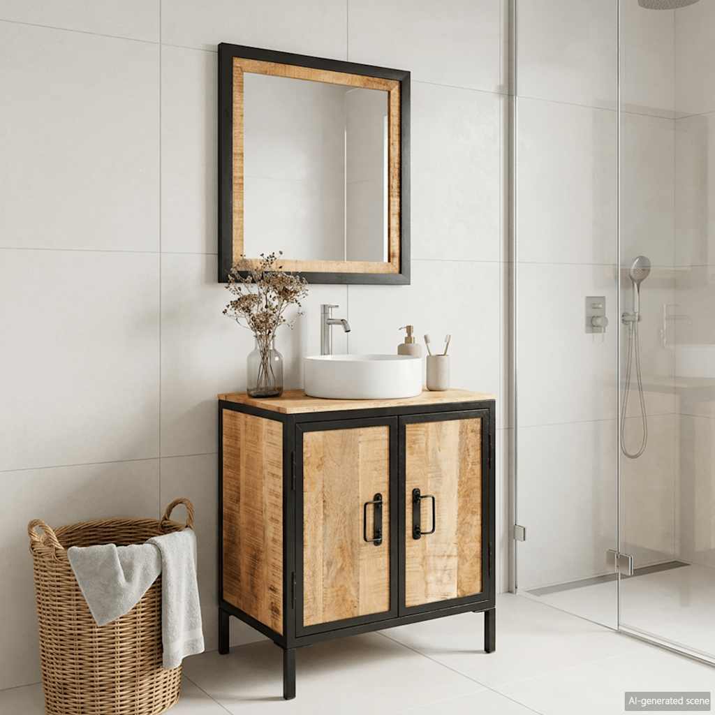 2 Piece Bathroom Furniture Set Iron and Solid Mango Wood