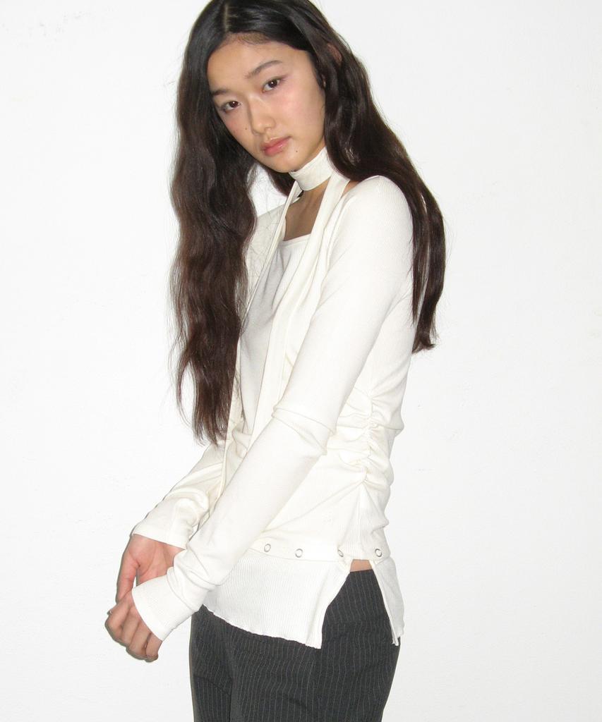 PLACE STUDIO Boat U-Neck Detachable Eyelet Contrast Scarf Set Long Sleeve T-Shirt _3 Colors