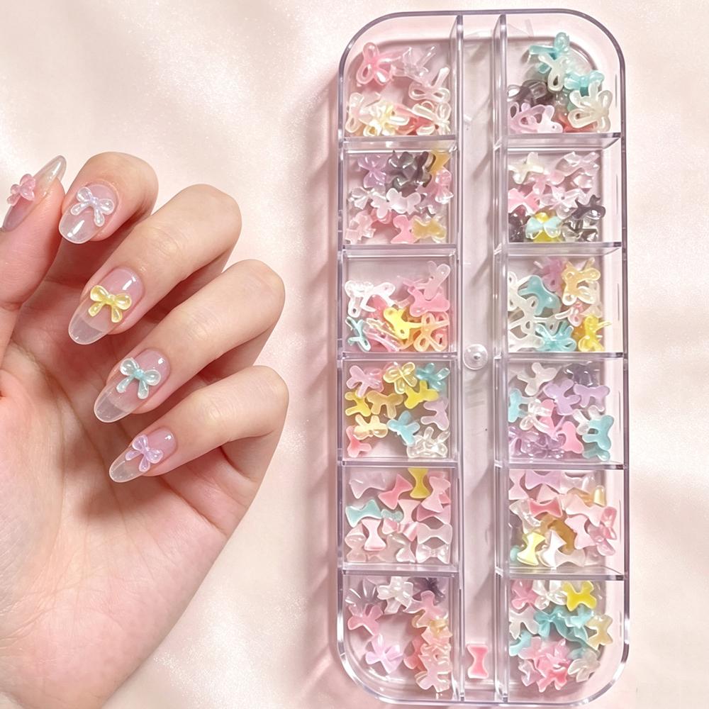 12grid Sweet Candy Bow Nail Charms 3D Colorful Ice Clear Mini Bowknot Nail Gems Resin Flatback Macaron Bowtie Acrylic Nail Decor