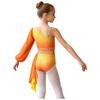 Children‘s Sparkle Gradient Rhinestone Dancewear One Shoulder Long Puff Sleeve Top with Applique Asymmetrical Draped Skirt for Recital Performance