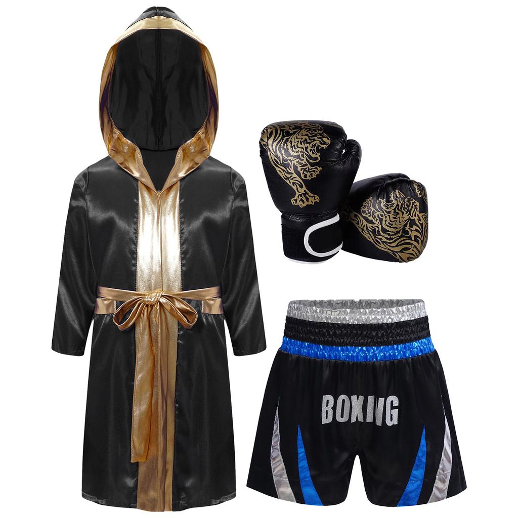 Boys Girls Halloween Carnival Theme Party Boxer Cosplay Costume Boxing Robe Long Sleeve Satin Hooded Cloak with Belt Shorts