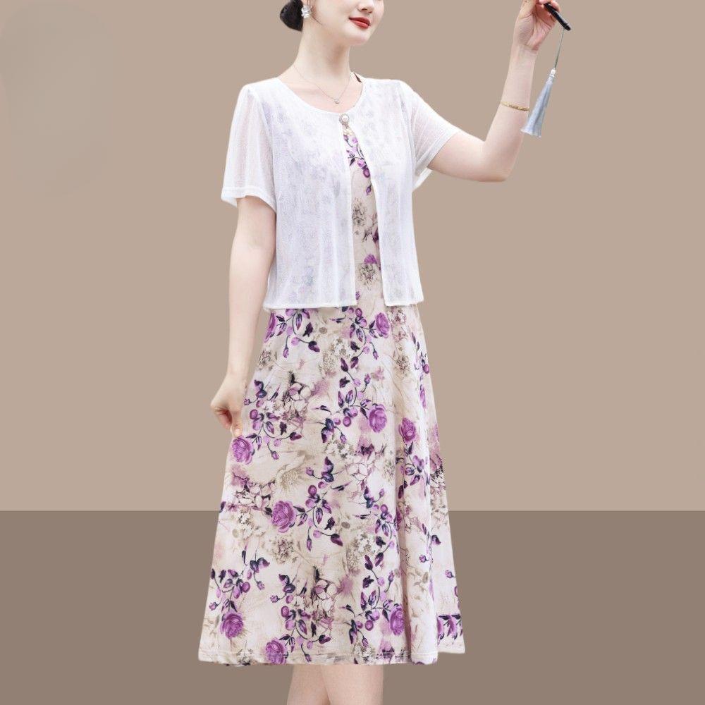 Chic Summer Fake Two Piece Dress for Moms Elegant Slimming and Youthful Mid Age Women Fashion Clothing